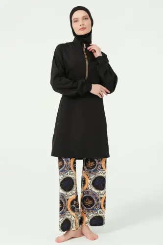 Alfasa Pantolonu Desenli Yarı Fermuarlı Dik Yaka Tam Tesettür Mayo - 25311-25 - 1