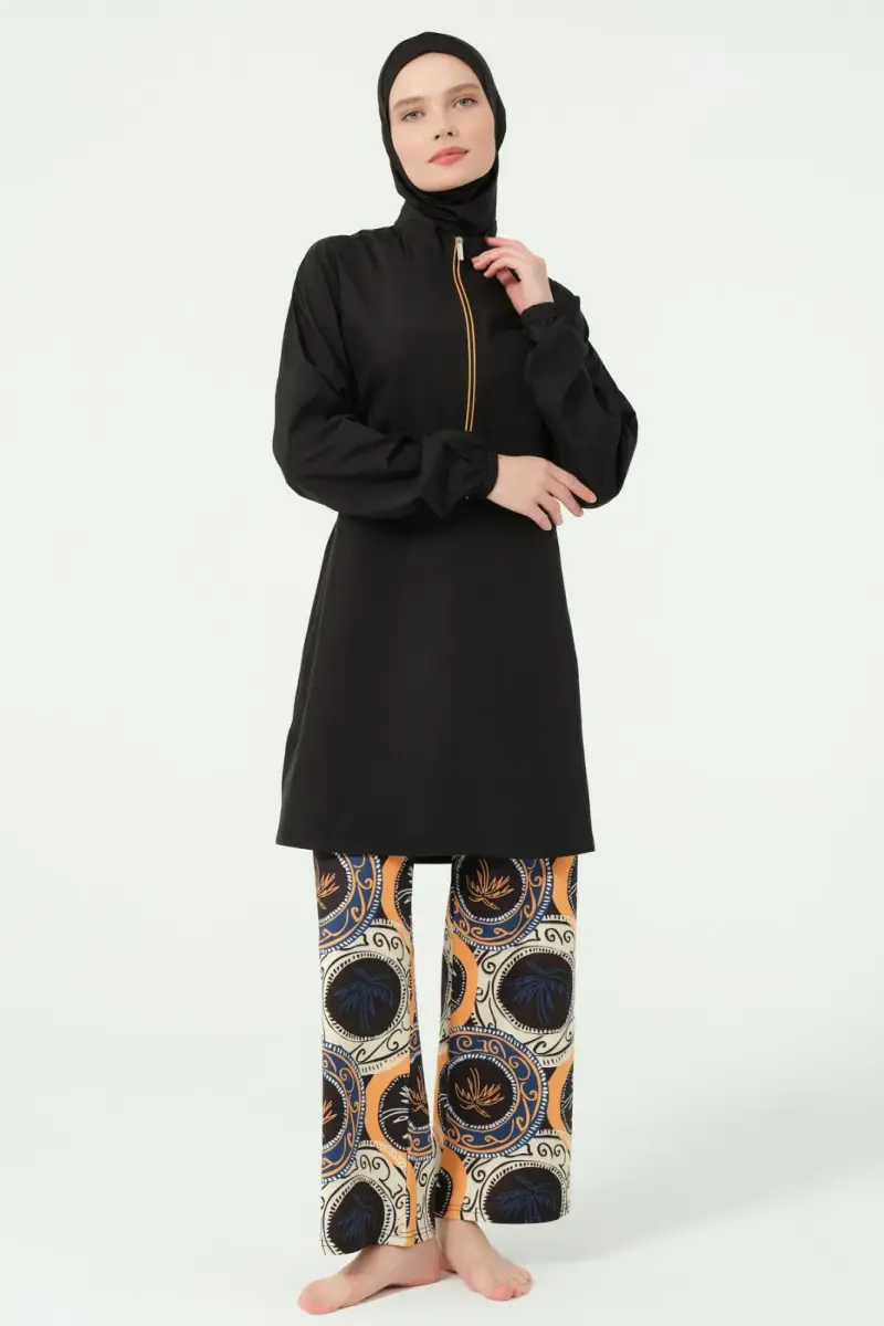 Alfasa Pantolonu Desenli Yarı Fermuarlı Dik Yaka Tam Tesettür Mayo - 25311-25 - 1