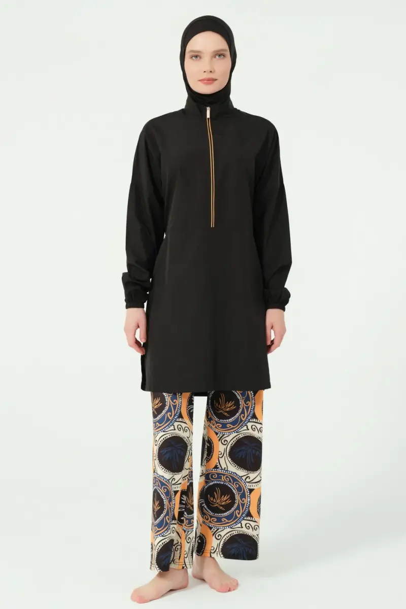 Alfasa Pantolonu Desenli Yarı Fermuarlı Dik Yaka Tam Tesettür Mayo - 25311-25 - 2