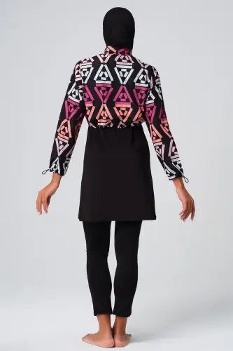 Alfasa Patterned Crop Fully Covered Hijab Swimsuit 23260-23 Pink - 4