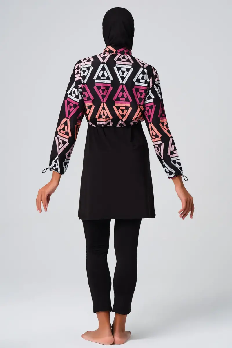 Alfasa Patterned Crop Fully Covered Hijab Swimsuit 23260-23 Pink - 4
