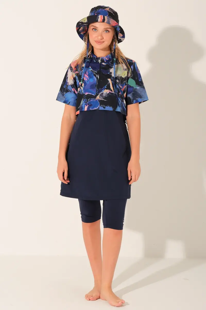 Alfasa Şapkalı Crop Görünümlü Yarım Kol Yarı Kapalı Tesettür Mayo Taytlı 26711-26 Lacivert - 1