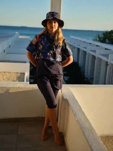 Alfasa Şapkalı Crop Görünümlü Yarım Kol Yarı Kapalı Tesettür Mayo Taytlı 26711-26 Lacivert - Alfasa (1)