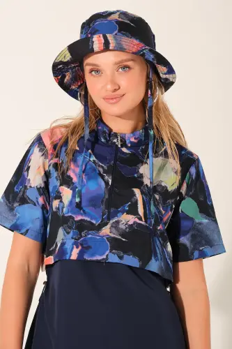 Alfasa Şapkalı Crop Görünümlü Yarım Kol Yarı Kapalı Tesettür Mayo Taytlı 26711-26 Lacivert - 5