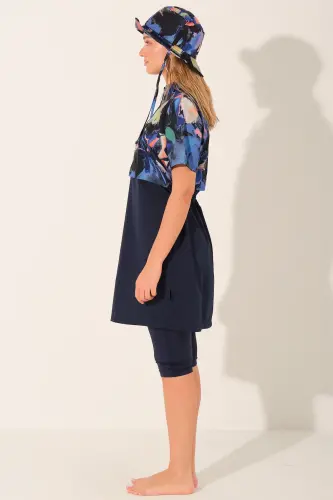 Alfasa Şapkalı Crop Görünümlü Yarım Kol Yarı Kapalı Tesettür Mayo Taytlı 26711-26 Lacivert - 7