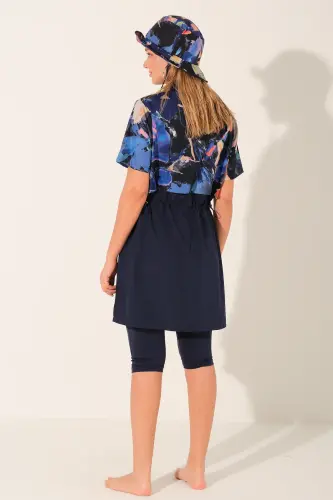 Alfasa Şapkalı Crop Görünümlü Yarım Kol Yarı Kapalı Tesettür Mayo Taytlı 26711-26 Lacivert - 8