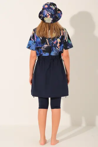 Alfasa Şapkalı Crop Görünümlü Yarım Kol Yarı Kapalı Tesettür Mayo Taytlı 26711-26 Lacivert - 6