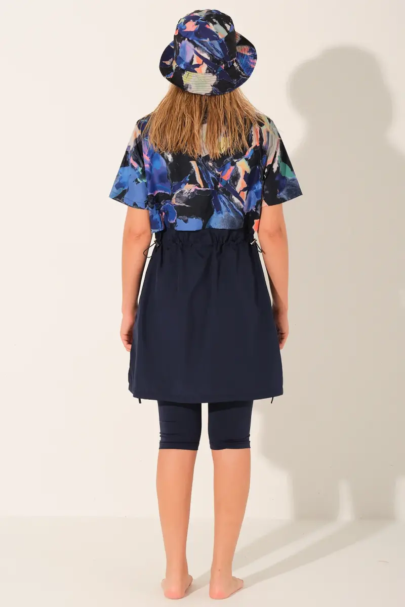 Alfasa Şapkalı Crop Görünümlü Yarım Kol Yarı Kapalı Tesettür Mayo Taytlı 26711-26 Lacivert - 6