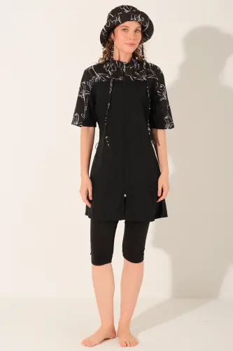 Alfasa Şapkalı Önden Fermuarlı Yarım Kol Yarı Kapalı Tesettür Mayo 26714-26 Siyah - 1