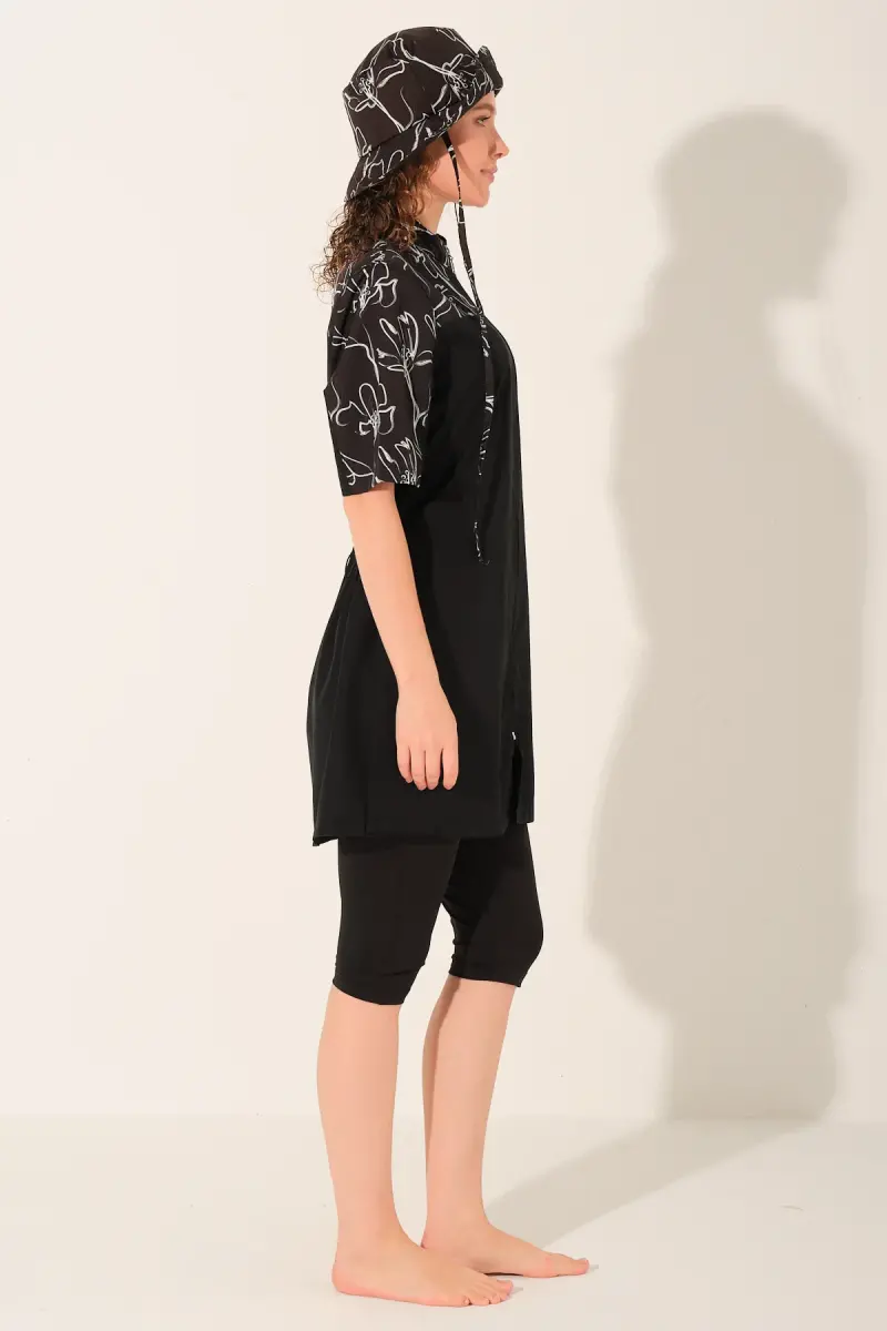 Alfasa Şapkalı Önden Fermuarlı Yarım Kol Yarı Kapalı Tesettür Mayo 26714-26 Siyah - 2