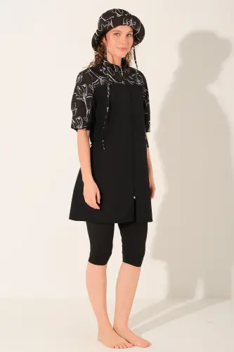 Alfasa Şapkalı Önden Fermuarlı Yarım Kol Yarı Kapalı Tesettür Mayo 26714-26 Siyah - 6