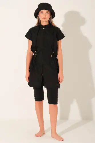 Alfasa Şapkalı Yarım Kol Yarı Kapalı Tesettür Mayo Taytlı 26709-26 Siyah - 1