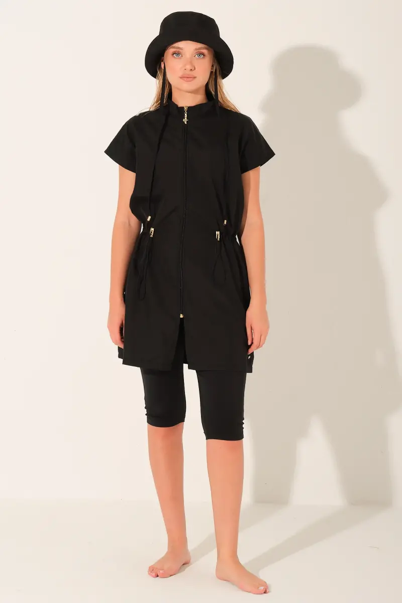 Alfasa Şapkalı Yarım Kol Yarı Kapalı Tesettür Mayo Taytlı 26709-26 Siyah - 1