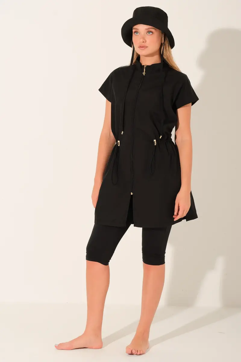 Alfasa Şapkalı Yarım Kol Yarı Kapalı Tesettür Mayo Taytlı 26709-26 Siyah - 2