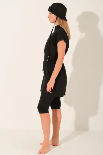 Alfasa Şapkalı Yarım Kol Yarı Kapalı Tesettür Mayo Taytlı 26709-26 Siyah - 3