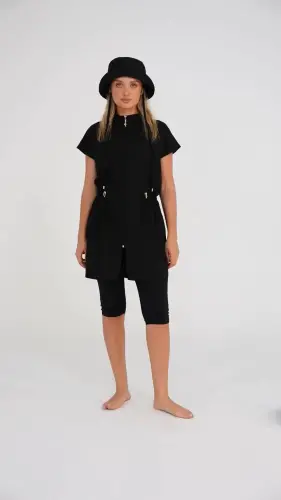 Alfasa Şapkalı Yarım Kol Yarı Kapalı Tesettür Mayo Taytlı 26709-26 Siyah - 5