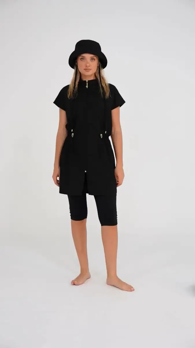 Alfasa Şapkalı Yarım Kol Yarı Kapalı Tesettür Mayo Taytlı 26709-26 Siyah - 5