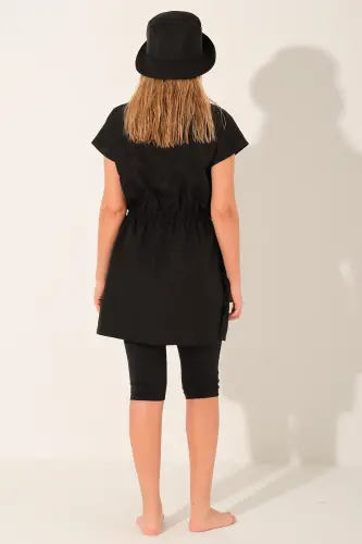 Alfasa Şapkalı Yarım Kol Yarı Kapalı Tesettür Mayo Taytlı 26709-26 Siyah - 6