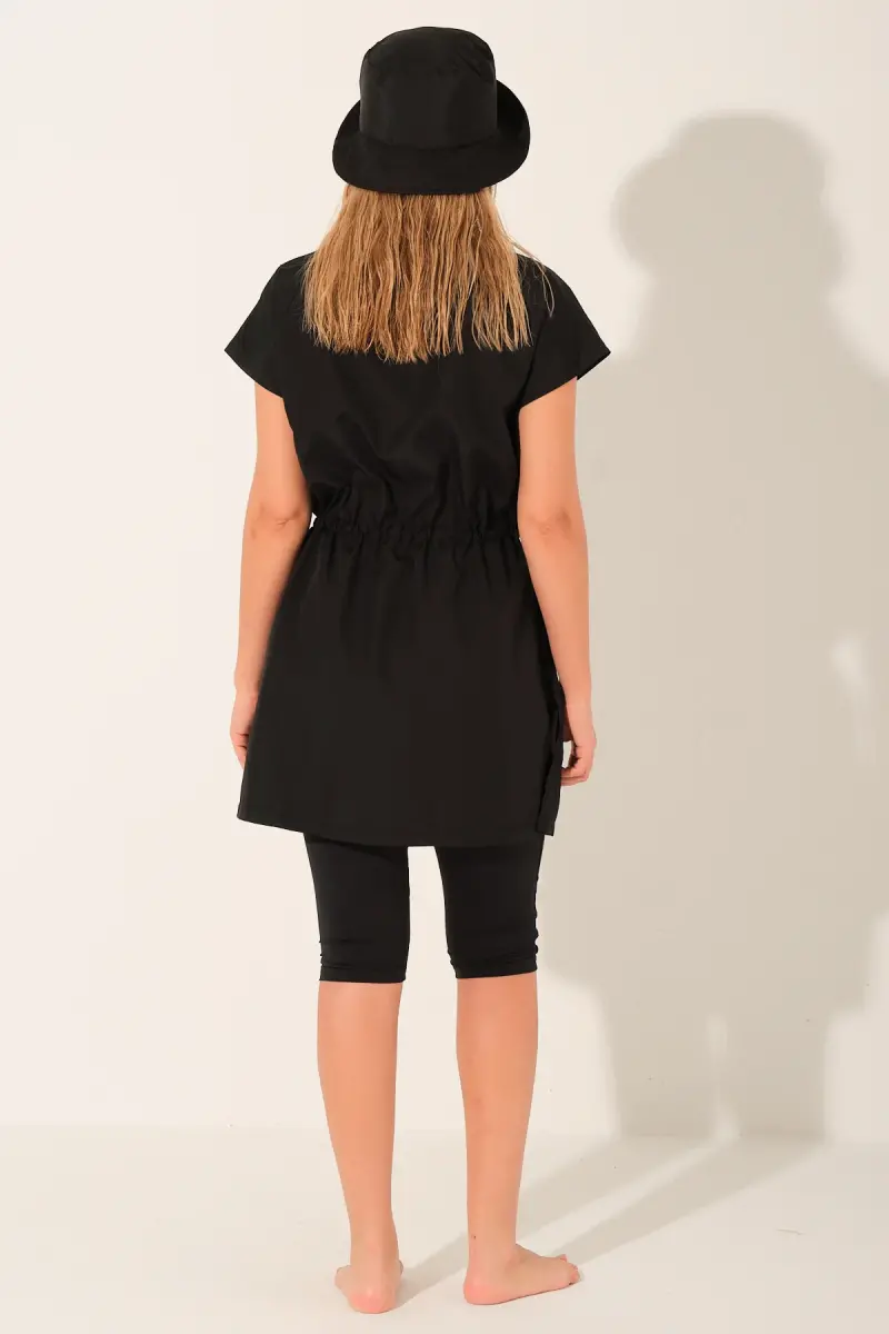 Alfasa Şapkalı Yarım Kol Yarı Kapalı Tesettür Mayo Taytlı 26709-26 Siyah - 6