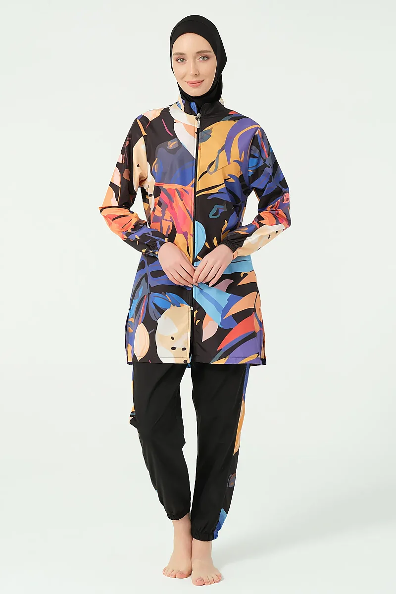 Alfasa Sienna Desenli Tam Kapalı Tesettür Mayo Uzun Kollu Fermuarlı 25279-26 Siyah - 1