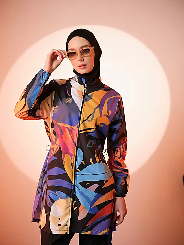 Alfasa Sienna Desenli Tam Kapalı Tesettür Mayo Uzun Kollu Fermuarlı 25279-26 Siyah - Alfasa (1)