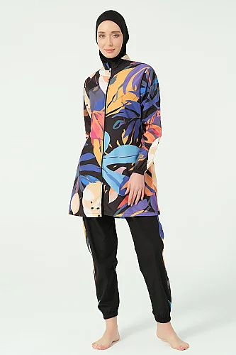 Alfasa Sienna Desenli Tam Kapalı Tesettür Mayo Uzun Kollu Fermuarlı 25279-26 Siyah - 3