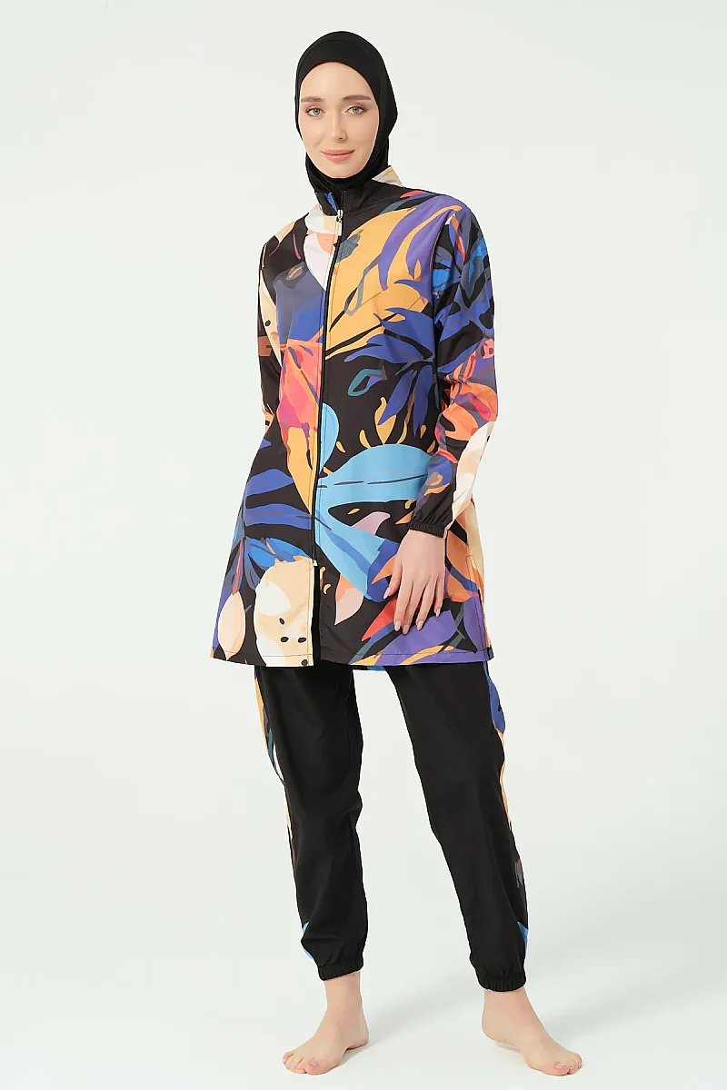 Alfasa Sienna Desenli Tam Kapalı Tesettür Mayo Uzun Kollu Fermuarlı 25279-26 Siyah - 3