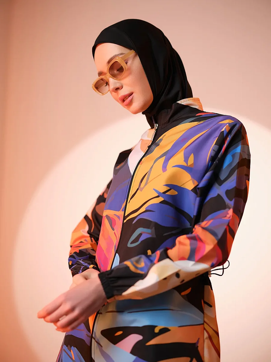 Alfasa Sienna Desenli Tam Kapalı Tesettür Mayo Uzun Kollu Fermuarlı 25279-26 Siyah - 4