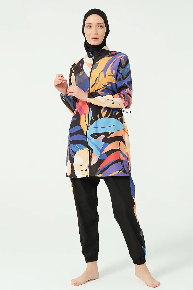 Alfasa Sienna Desenli Tam Kapalı Tesettür Mayo Uzun Kollu Fermuarlı 25279-26 Siyah - 5