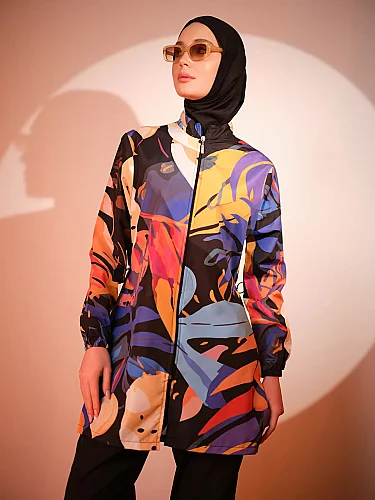 Alfasa Sienna Desenli Tam Kapalı Tesettür Mayo Uzun Kollu Fermuarlı 25279-26 Siyah - 6