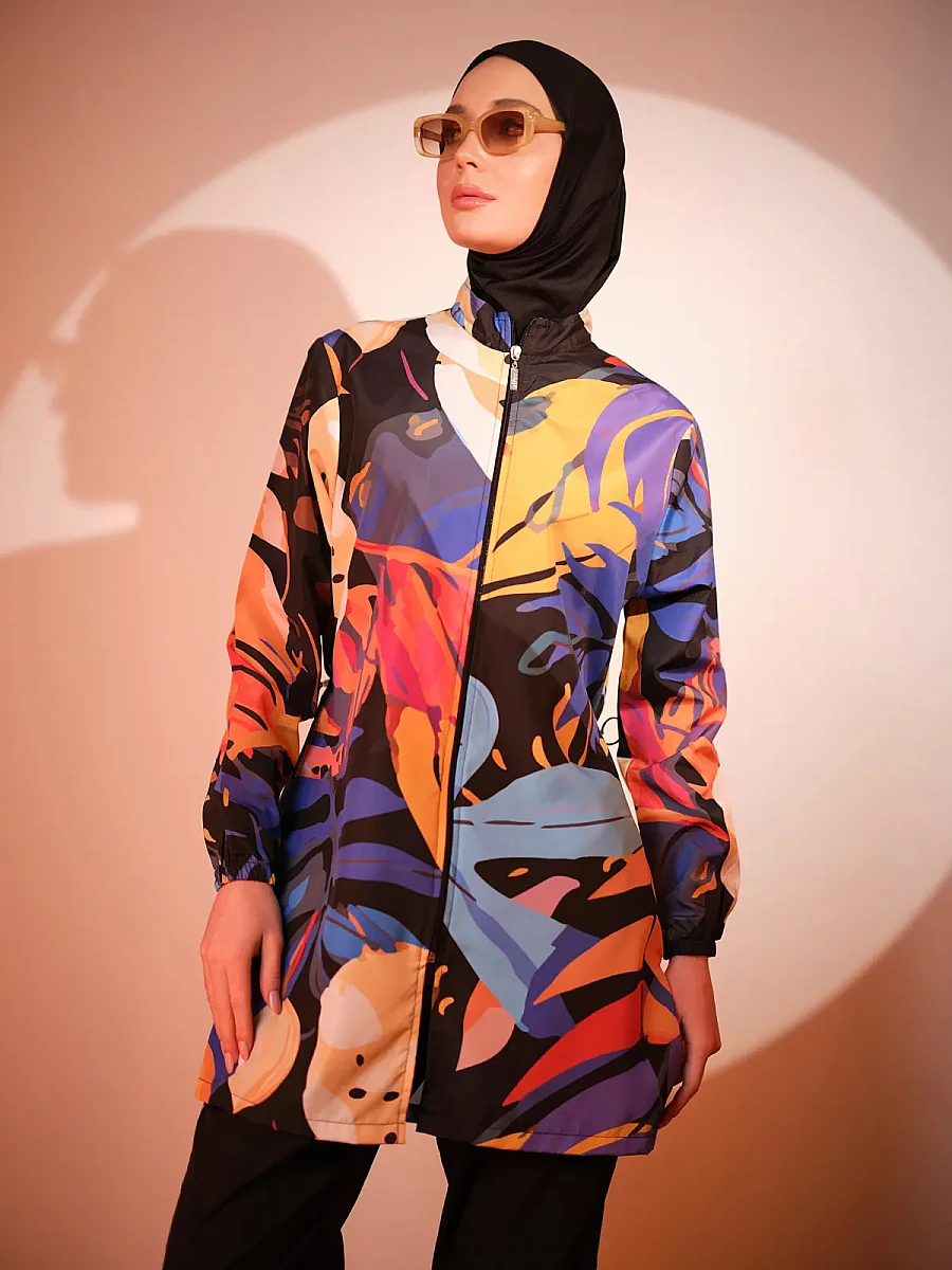 Alfasa Sienna Desenli Tam Kapalı Tesettür Mayo Uzun Kollu Fermuarlı 25279-26 Siyah - 6