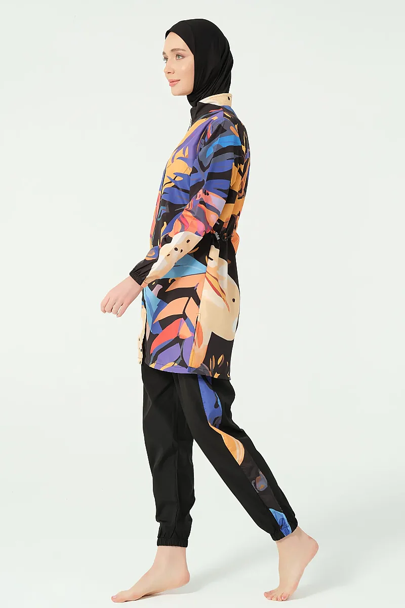 Alfasa Sienna Desenli Tam Kapalı Tesettür Mayo Uzun Kollu Fermuarlı 25279-26 Siyah - 7