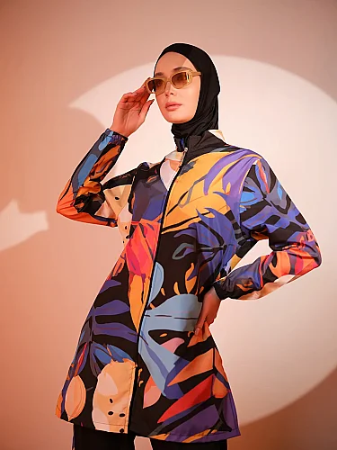 Alfasa Sienna Desenli Tam Kapalı Tesettür Mayo Uzun Kollu Fermuarlı 25279-26 Siyah - 8