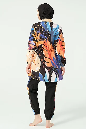 Alfasa Sienna Desenli Tam Kapalı Tesettür Mayo Uzun Kollu Fermuarlı 25279-26 Siyah - 9