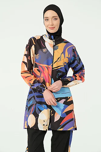 Alfasa Sienna Desenli Tam Kapalı Tesettür Mayo Uzun Kollu Fermuarlı 25279-26 Siyah - 10