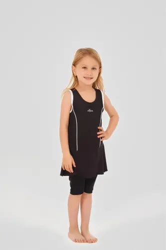 Alfasa Tenis Baskı Süslemeli Sıfır Kol Şort Taytlı Kız Çocuk Mayo 24105 Siyah - Alfasa (1)