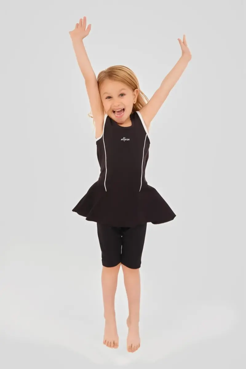 Alfasa Tenis Baskı Süslemeli Sıfır Kol Şort Taytlı Kız Çocuk Mayo 24105 Siyah - 3