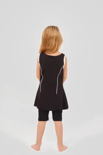 Alfasa Tenis Baskı Süslemeli Sıfır Kol Şort Taytlı Kız Çocuk Mayo 24105 Siyah - 4