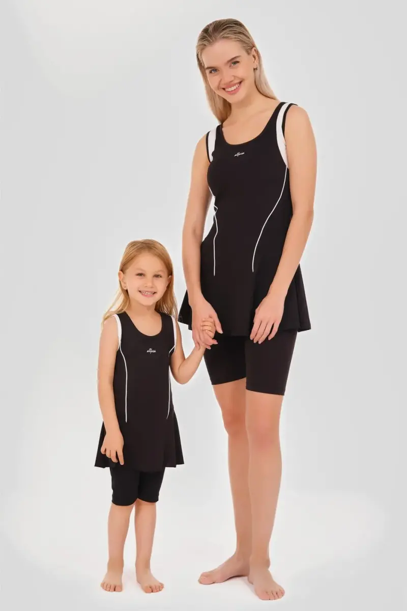 Alfasa Tenis Baskı Süslemeli Sıfır Kol Şort Taytlı Kız Çocuk Mayo 24105 Siyah - 5