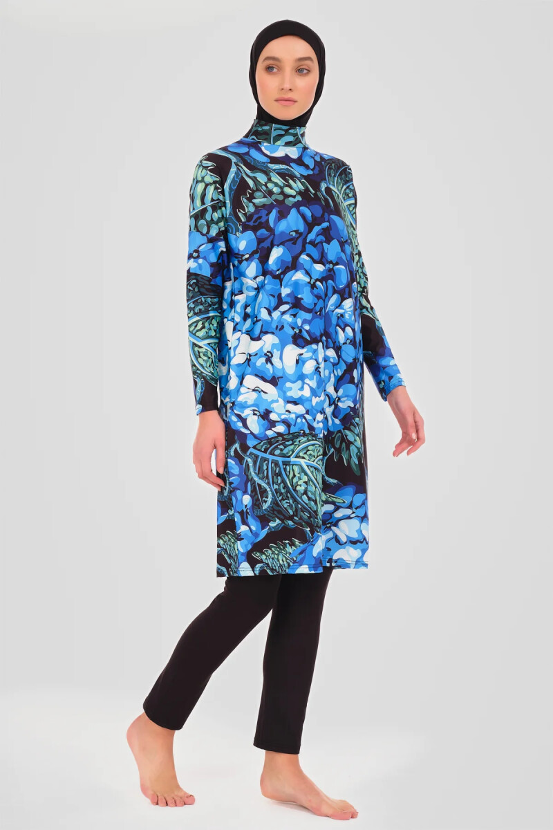 Alfasa Üstü Desenli Rahat Bol Kalıp Tam Tesettür Mayo – Su İtici, Dik Yaka - 24622-25 - Alfasa