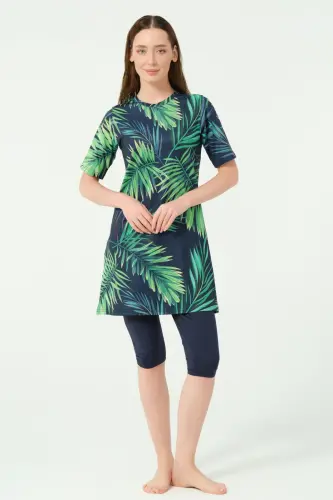 Alfasa Üstü Desenli Yarı Kapalı Tesettür Mayo 24712-25 Lacivert - 1