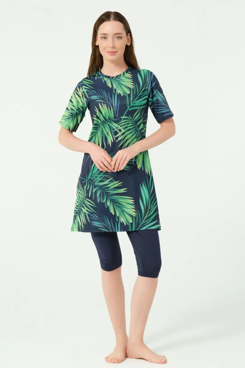 Alfasa Üstü Desenli Yarı Kapalı Tesettür Mayo 24712-25 Lacivert - 1