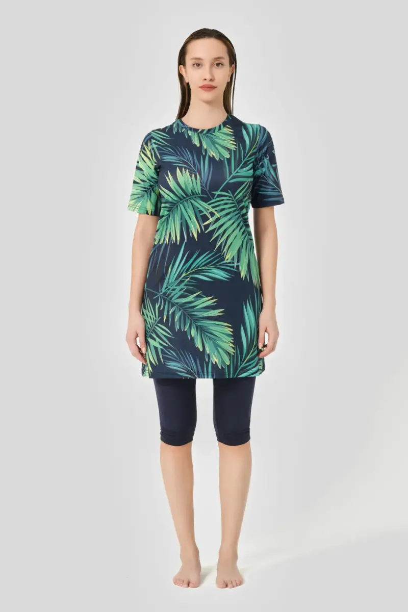 Alfasa Üstü Desenli Yarı Kapalı Tesettür Mayo 24712-25 Lacivert - 2