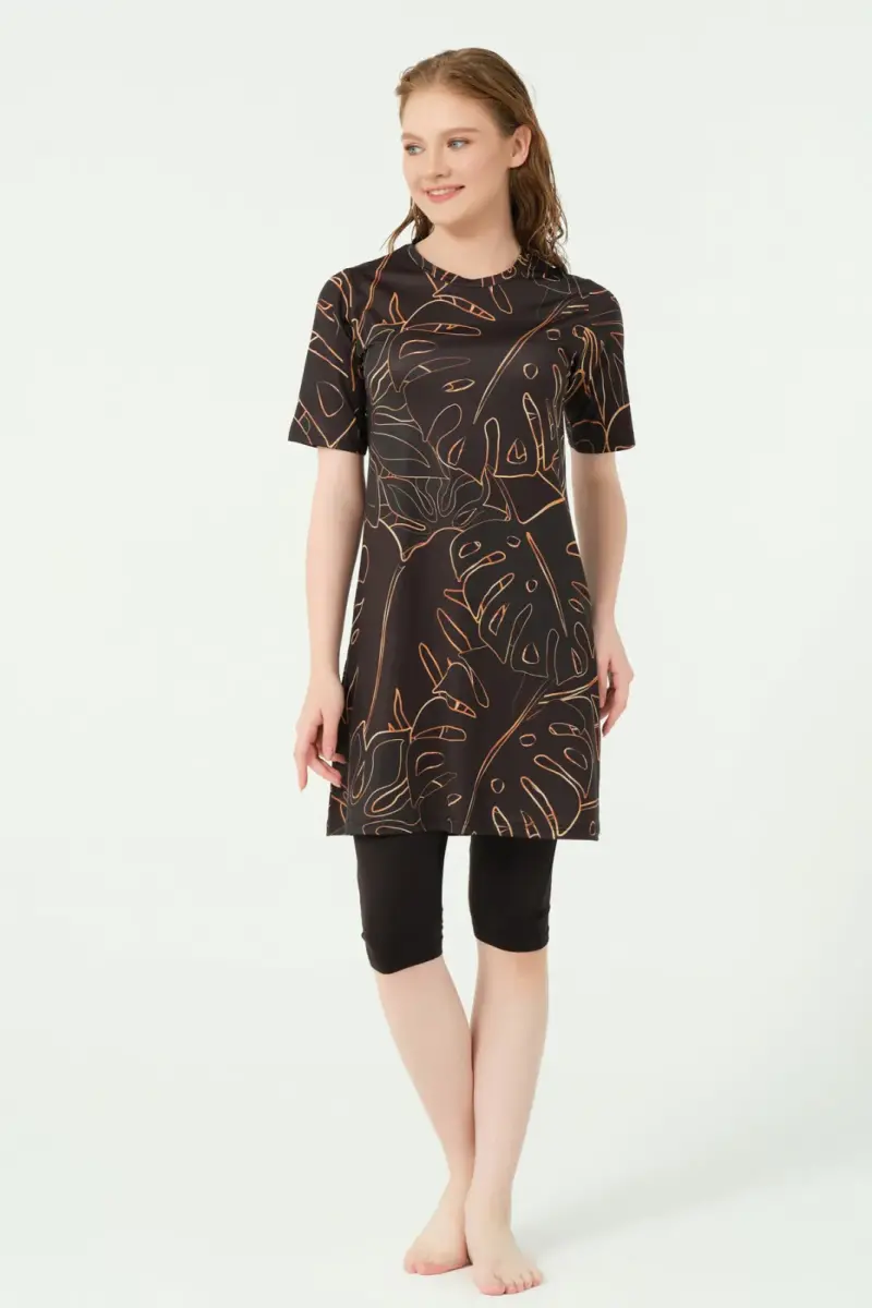 Alfasa Üstü Desenli Yarı Kapalı Tesettür Mayo 24712-25 Oranj - 1