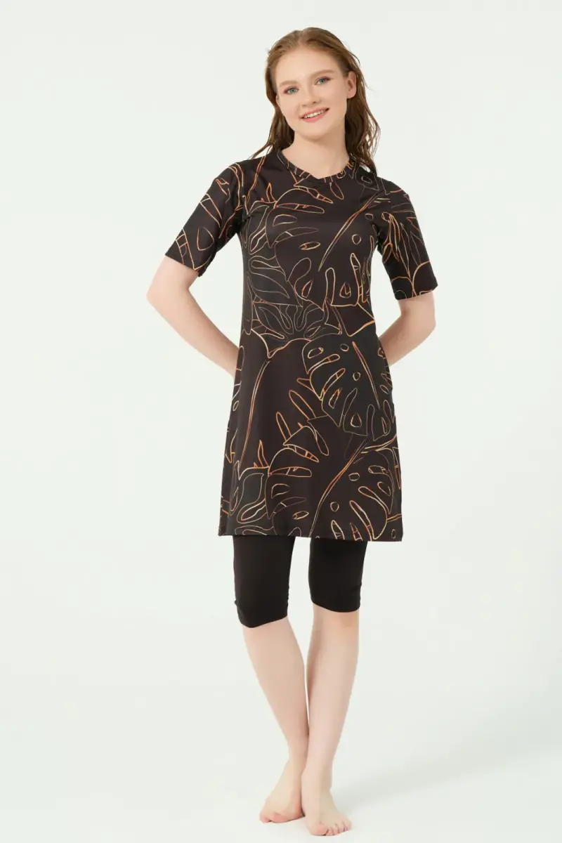 Alfasa Üstü Desenli Yarı Kapalı Tesettür Mayo 24712-25 Oranj - 2