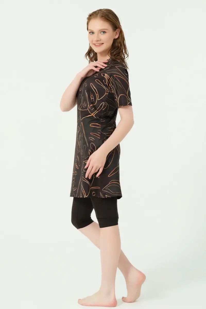 Alfasa Üstü Desenli Yarı Kapalı Tesettür Mayo 24712-25 Oranj - 4