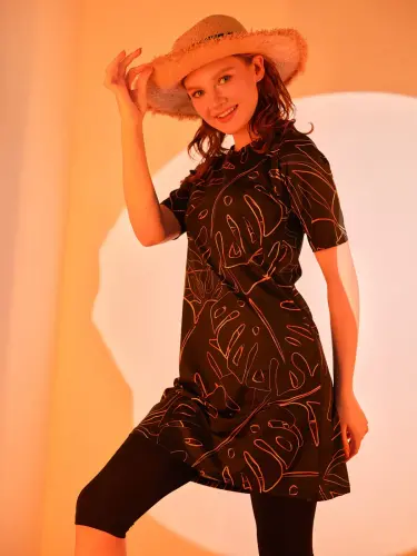 Alfasa Üstü Desenli Yarı Kapalı Tesettür Mayo 24712-25 Oranj - 7