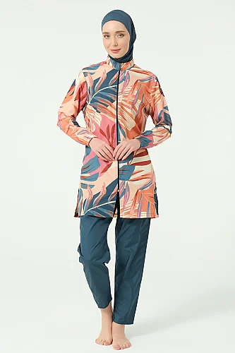 Alfasa Vanilya Desenli Tam Kapalı Tesettür Mayo 25290-26 - Petrol - 1