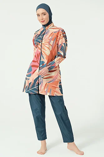 Alfasa Vanilya Desenli Tam Kapalı Tesettür Mayo 25290-26 - Petrol - 3