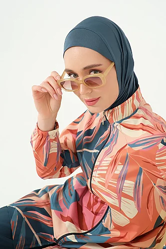 Alfasa Vanilya Desenli Tam Kapalı Tesettür Mayo 25290-26 - Petrol - 4